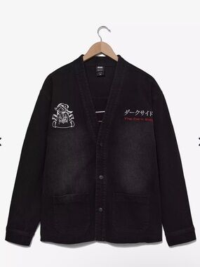 Black Lightweight Shirt Jacket with Japanese Script and Embroidery